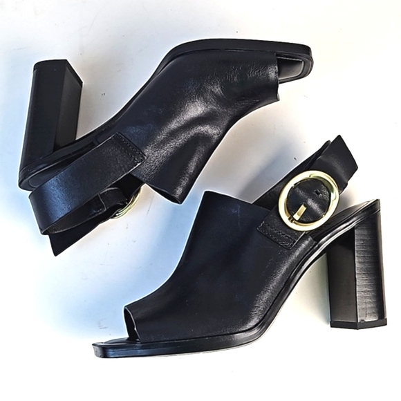 Franco Sarto Walter Black Leather Peep Toe Slingback Buckle Block Heel Sandal - Picture 1 of 16